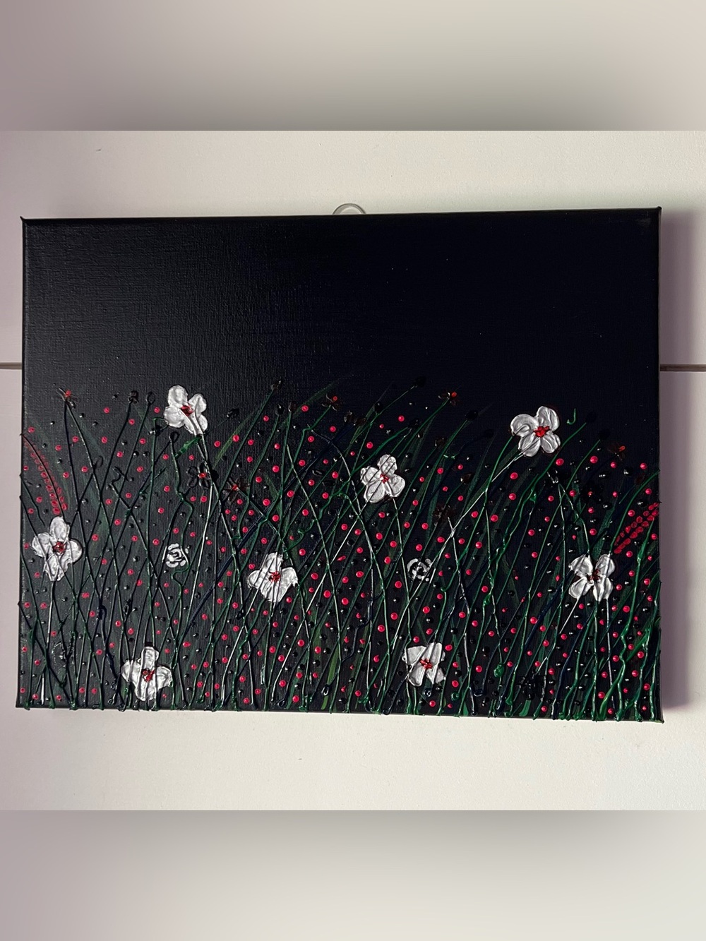 Textured Floral Field Acrylic Painting with Silver Blossoms & Red Accents